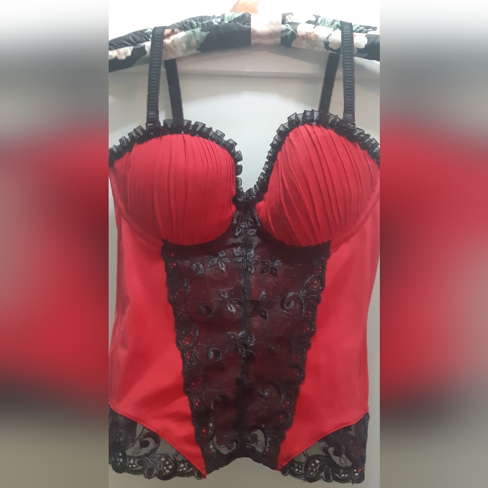 34D La Vie En Rose Red and Black Sexy Gothiccore Bustier Top with Lace Details